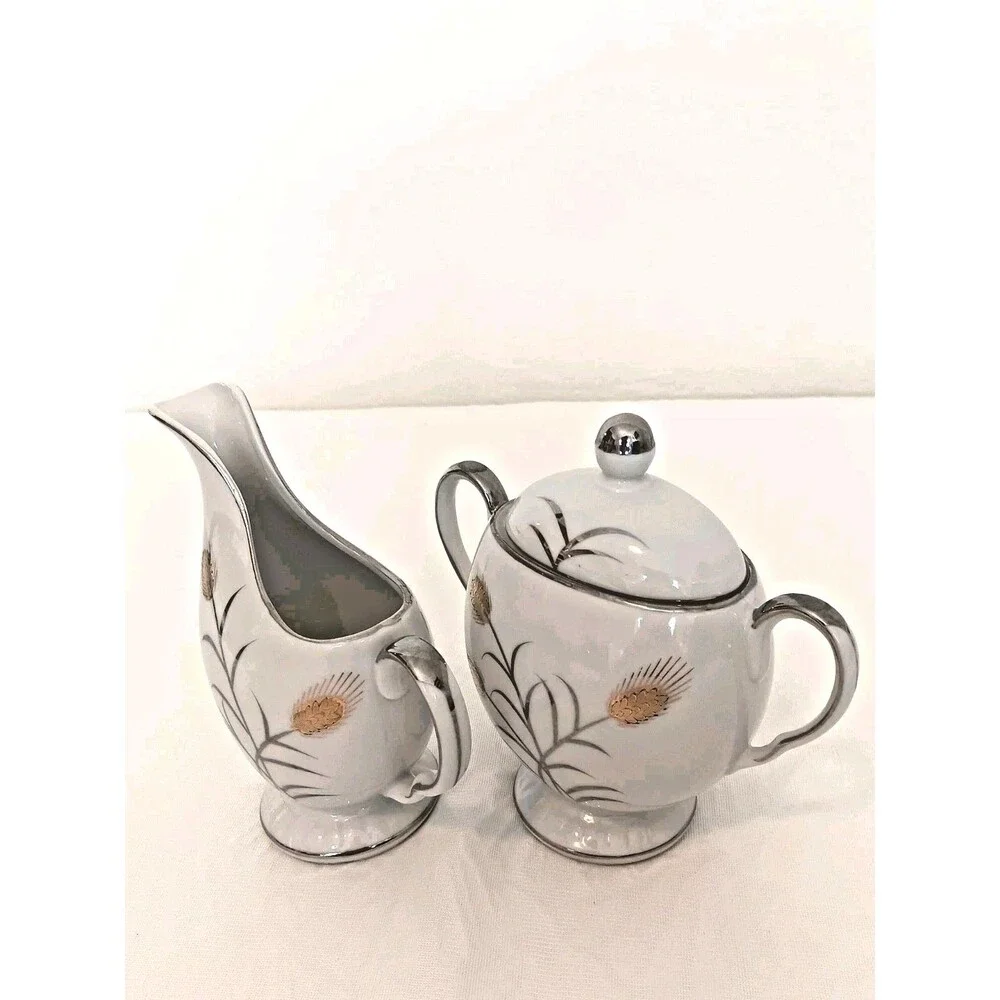 Norcrest Fine China GW-17 Sugar Bowl Lid & Creamer Set Wheat Gold Platinum Trim